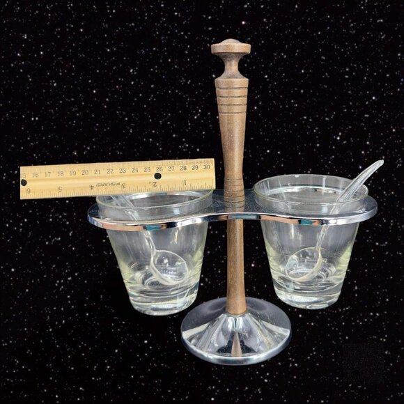 Mid Century Modern MCM Glass & Teak Condiment Server Vintage Relish Caddy Spoons - Picture 4 of 13
